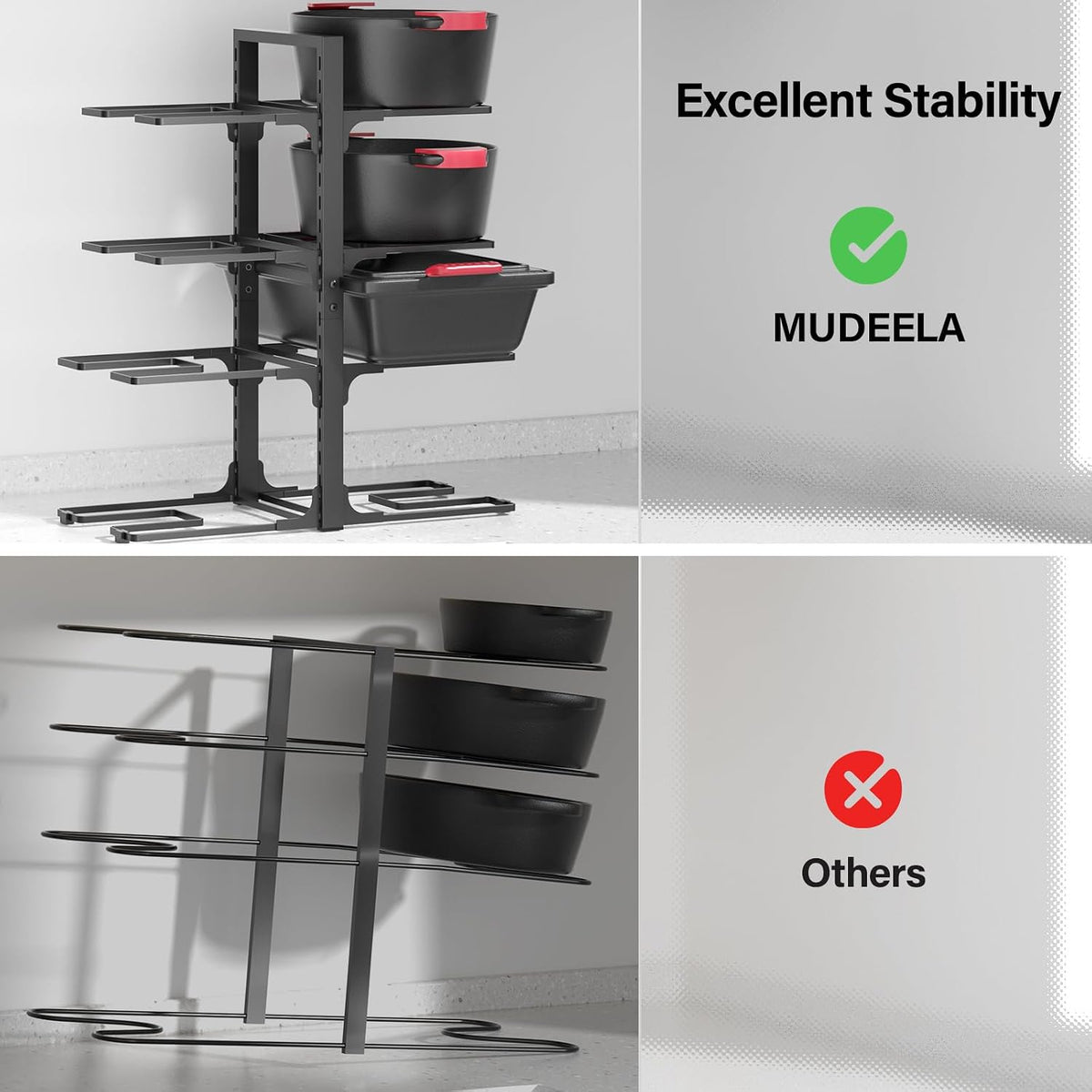 8-Tier Heavy Duty Pots and Pans Organizer under Cabinet, Black | Adjustable 15.83" H pot rack, pan organizer Holds big stockpots, Cast Iron Skillet and cookware for use inside cabinets