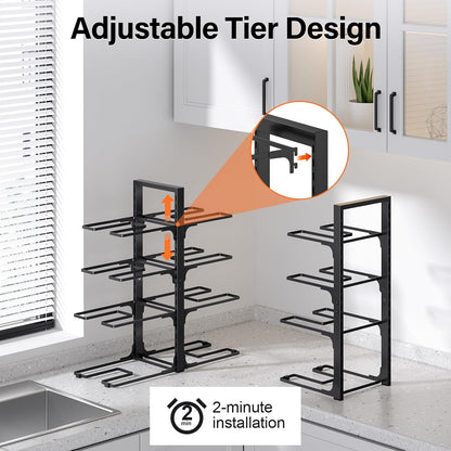 8-Tier Heavy Duty Pots and Pans Organizer under Cabinet, Black | Adjustable 15.83" H pot rack, pan organizer Holds big stockpots, Cast Iron Skillet and cookware for use inside cabinets