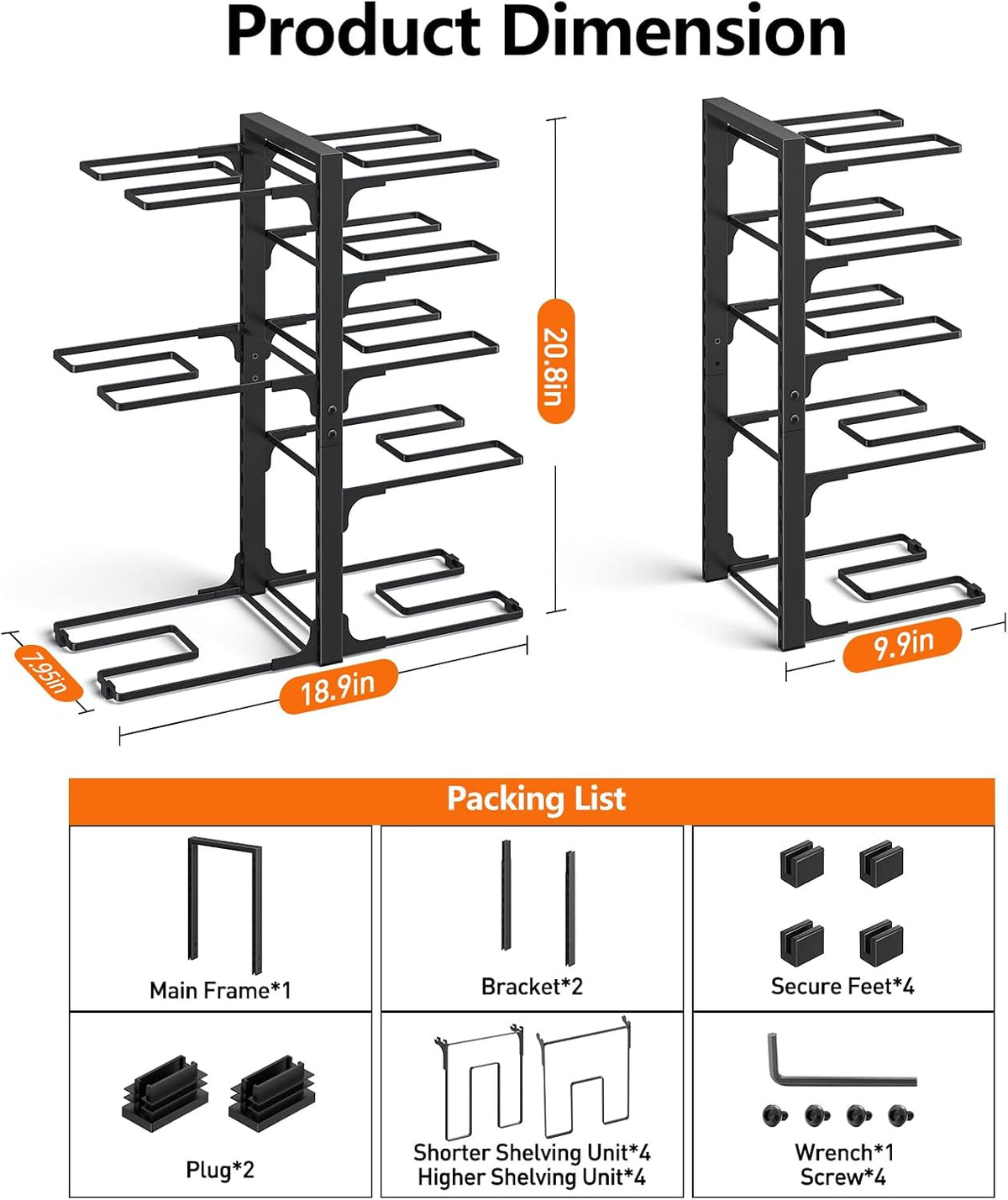 8-Tier Heavy Duty Pots and Pans Organizer under Cabinet, Black | Adjustable 15.83" H pot rack, pan organizer Holds big stockpots, Cast Iron Skillet and cookware for use inside cabinets
