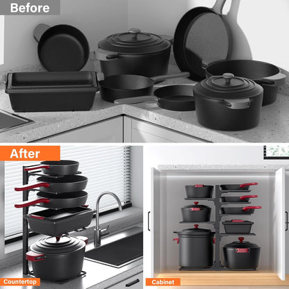 8-Tier Heavy Duty Pots and Pans Organizer under Cabinet, Black | Adjustable 15.83" H pot rack, pan organizer Holds big stockpots, Cast Iron Skillet and cookware for use inside cabinets