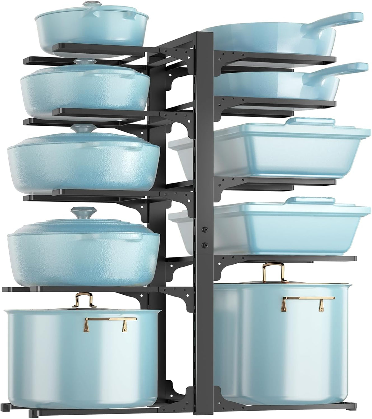 8-Tier Heavy Duty Pots and Pans Organizer under Cabinet, Black | Adjustable 15.83" H pot rack, pan organizer Holds big stockpots, Cast Iron Skillet and cookware for use inside cabinets