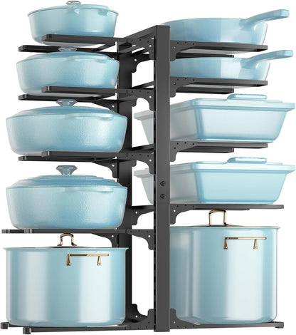 8-Tier Heavy Duty Pots and Pans Organizer under Cabinet, Black | Adjustable 15.83" H pot rack, pan organizer Holds big stockpots, Cast Iron Skillet and cookware for use inside cabinets