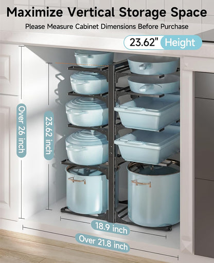 8-Tier Heavy Duty Pots and Pans Organizer under Cabinet, Black | Adjustable 15.83" H pot rack, pan organizer Holds big stockpots, Cast Iron Skillet and cookware for use inside cabinets