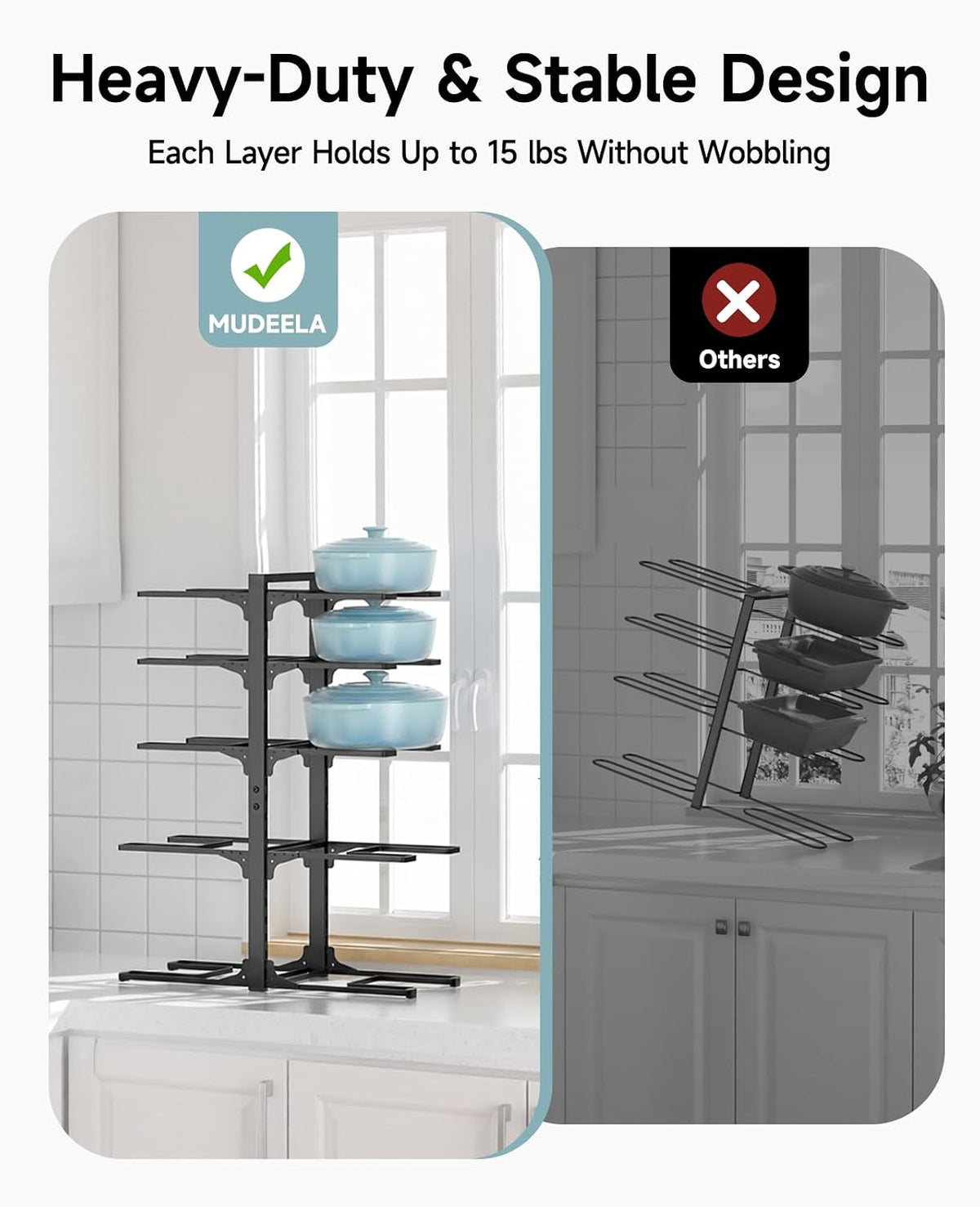 8-Tier Heavy Duty Pots and Pans Organizer under Cabinet, Black | Adjustable 15.83" H pot rack, pan organizer Holds big stockpots, Cast Iron Skillet and cookware for use inside cabinets