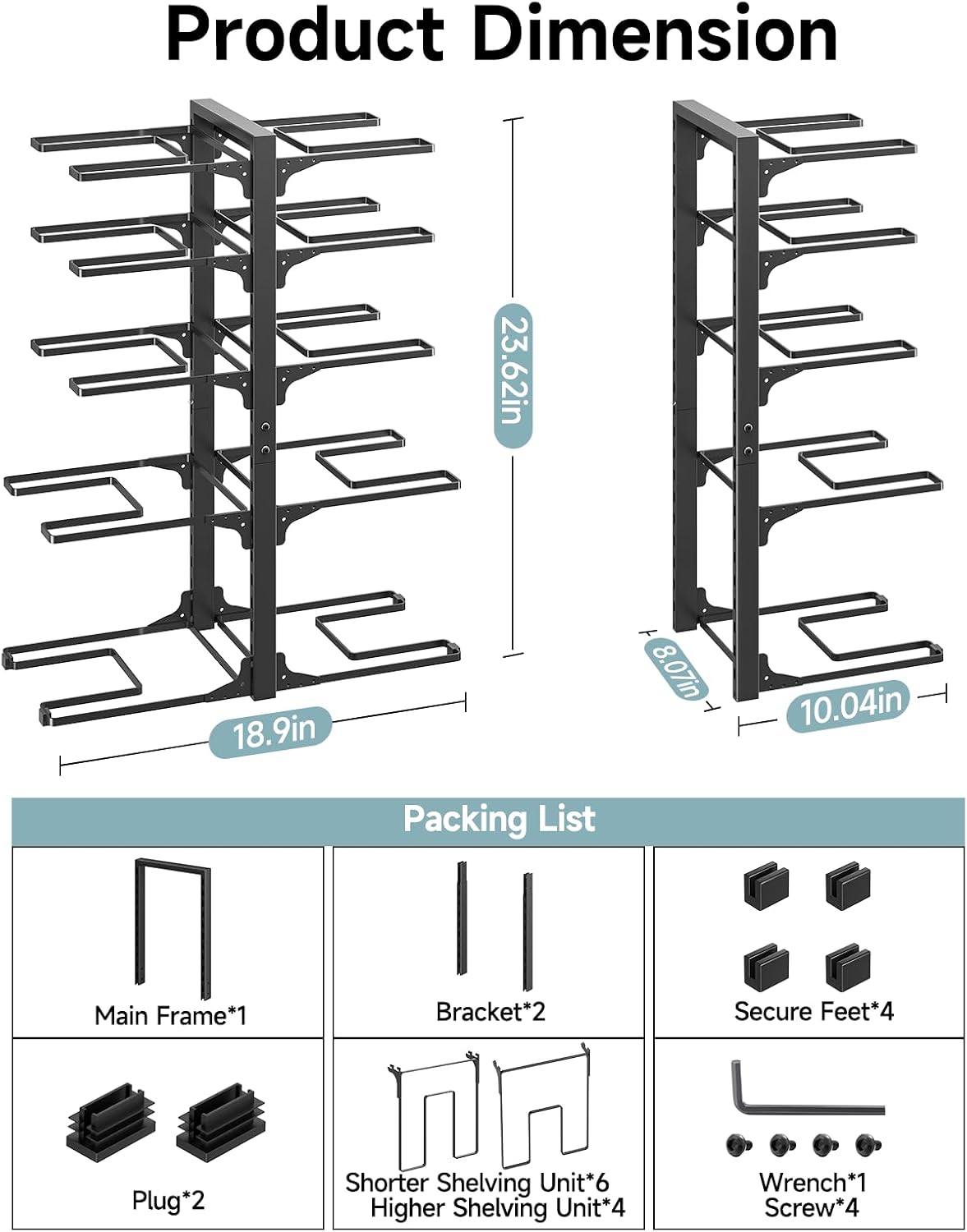 8-Tier Heavy Duty Pots and Pans Organizer under Cabinet, Black | Adjustable 15.83" H pot rack, pan organizer Holds big stockpots, Cast Iron Skillet and cookware for use inside cabinets