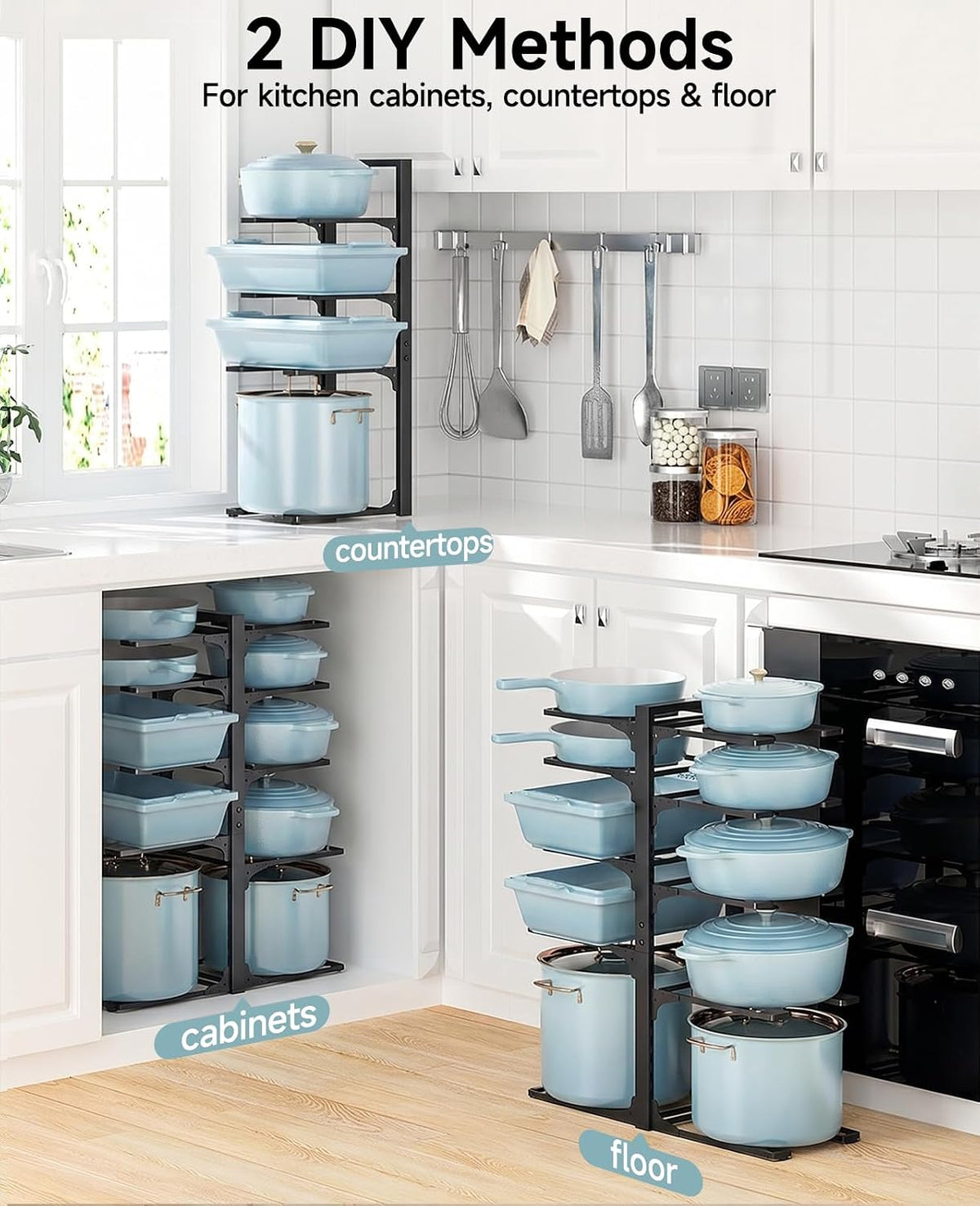 8-Tier Heavy Duty Pots and Pans Organizer under Cabinet, Black | Adjustable 15.83" H pot rack, pan organizer Holds big stockpots, Cast Iron Skillet and cookware for use inside cabinets