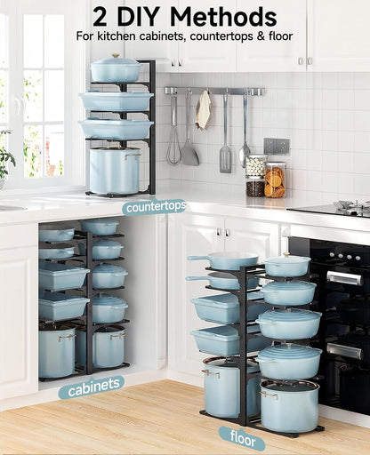 8-Tier Heavy Duty Pots and Pans Organizer under Cabinet, Black | Adjustable 15.83" H pot rack, pan organizer Holds big stockpots, Cast Iron Skillet and cookware for use inside cabinets