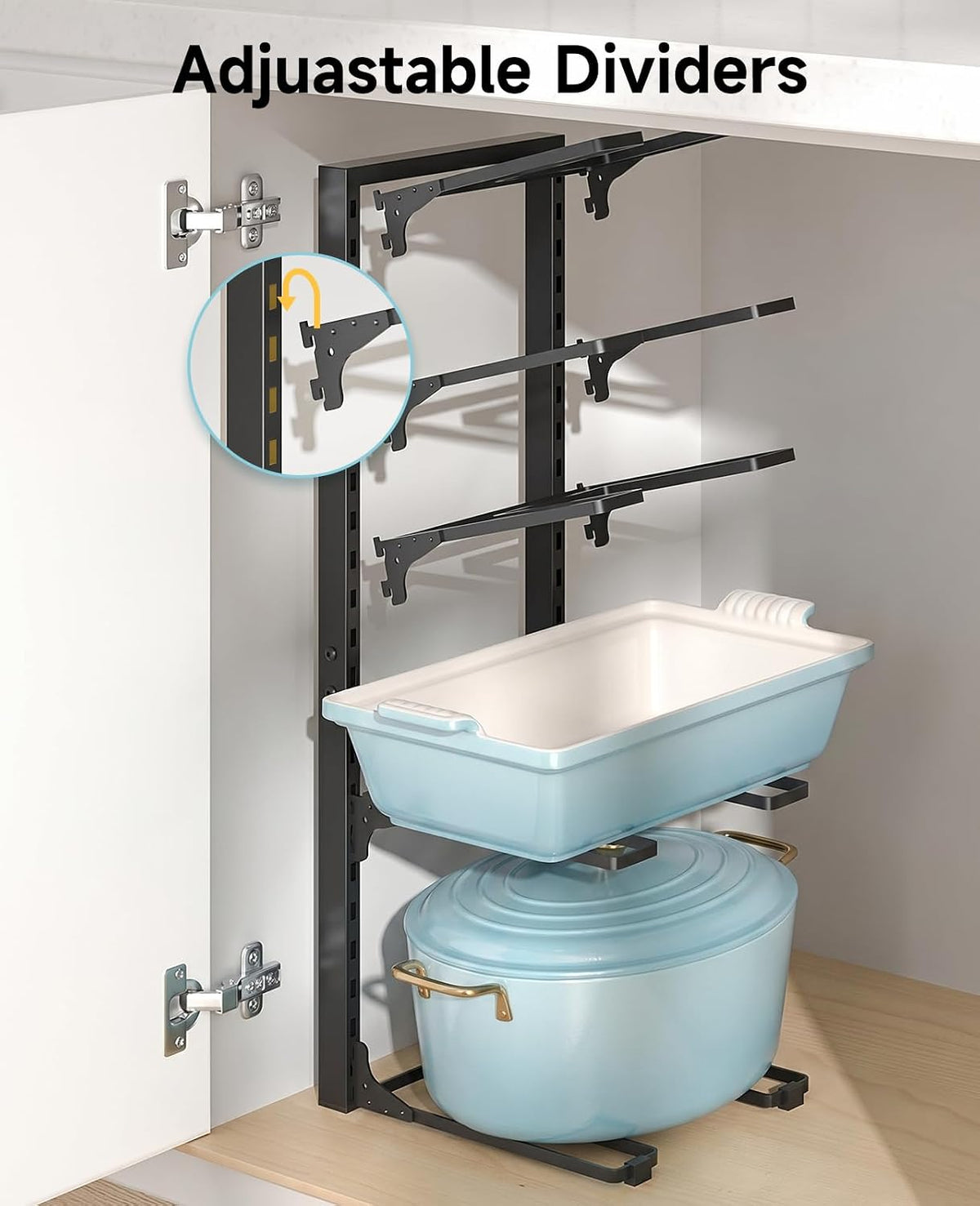 8-Tier Heavy Duty Pots and Pans Organizer under Cabinet, Black | Adjustable 15.83" H pot rack, pan organizer Holds big stockpots, Cast Iron Skillet and cookware for use inside cabinets