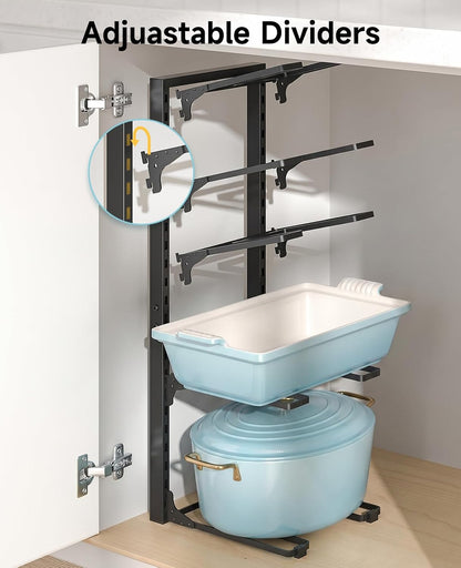 8-Tier Heavy Duty Pots and Pans Organizer under Cabinet, Black | Adjustable 15.83" H pot rack, pan organizer Holds big stockpots, Cast Iron Skillet and cookware for use inside cabinets