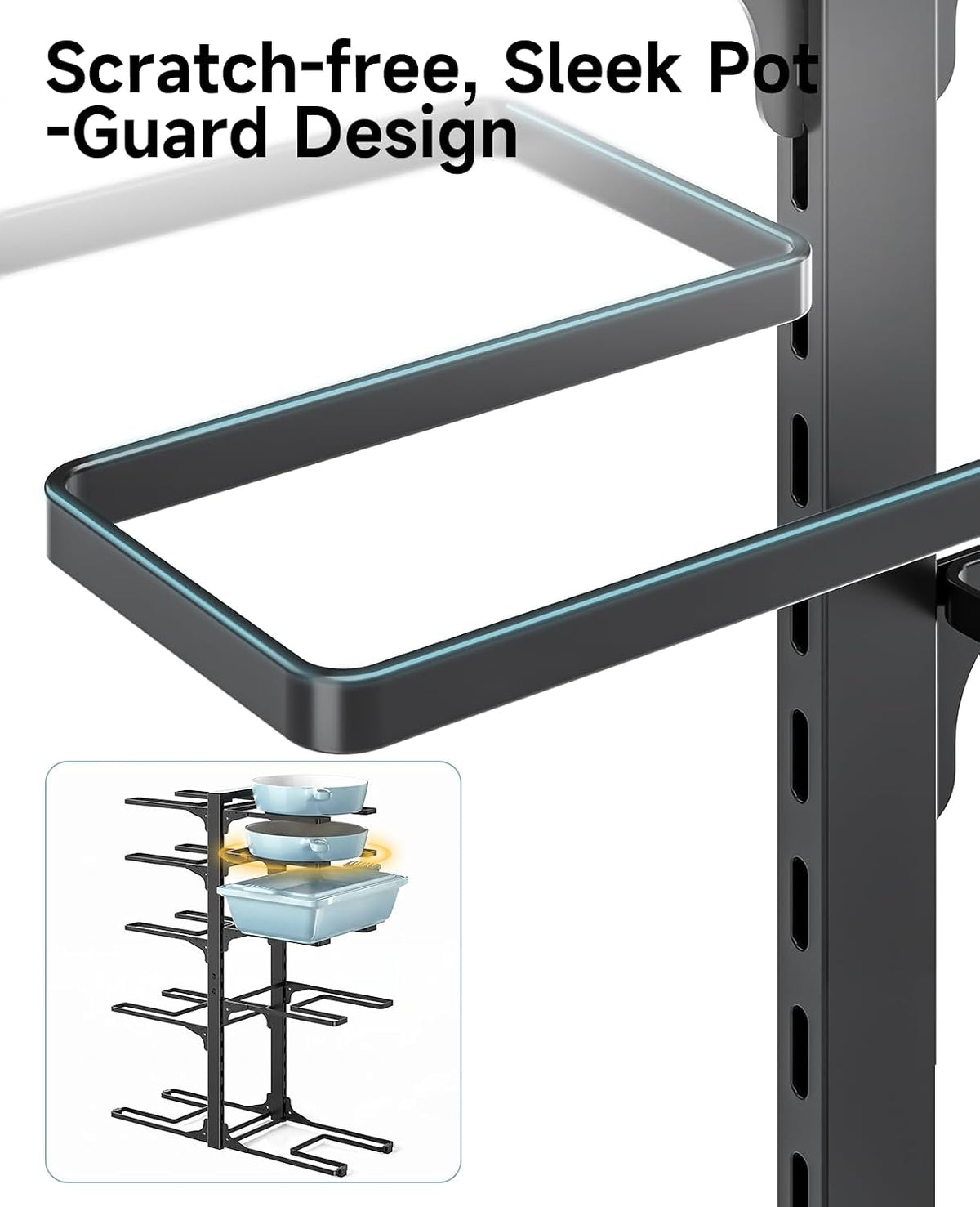 8-Tier Heavy Duty Pots and Pans Organizer under Cabinet, Black | Adjustable 15.83" H pot rack, pan organizer Holds big stockpots, Cast Iron Skillet and cookware for use inside cabinets
