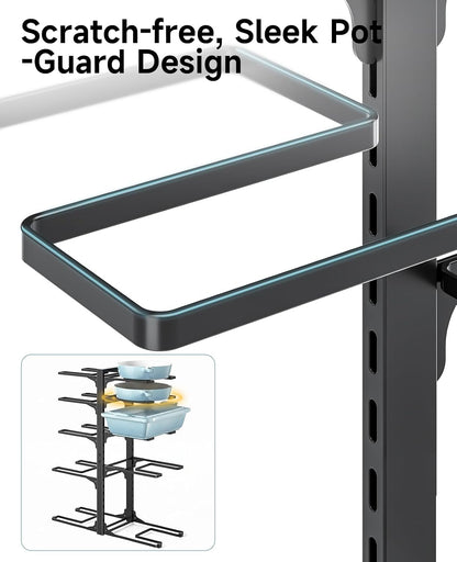 8-Tier Heavy Duty Pots and Pans Organizer under Cabinet, Black | Adjustable 15.83" H pot rack, pan organizer Holds big stockpots, Cast Iron Skillet and cookware for use inside cabinets