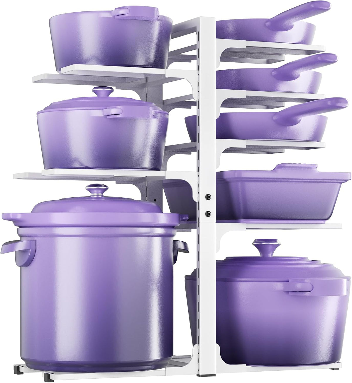 8-Tier Heavy Duty Pots and Pans Organizer under Cabinet, Black | Adjustable 15.83" H pot rack, pan organizer Holds big stockpots, Cast Iron Skillet and cookware for use inside cabinets