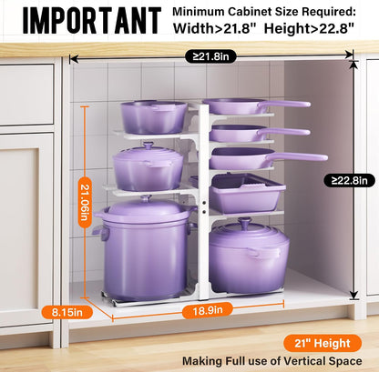 8-Tier Heavy Duty Pots and Pans Organizer under Cabinet, Black | Adjustable 15.83" H pot rack, pan organizer Holds big stockpots, Cast Iron Skillet and cookware for use inside cabinets
