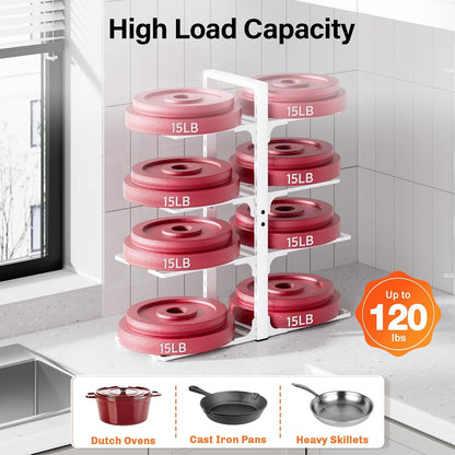 8-Tier Heavy Duty Pots and Pans Organizer under Cabinet, Black | Adjustable 15.83" H pot rack, pan organizer Holds big stockpots, Cast Iron Skillet and cookware for use inside cabinets
