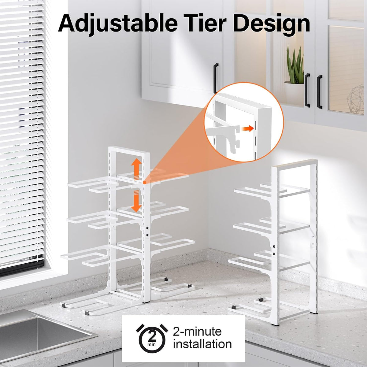 8-Tier Heavy Duty Pots and Pans Organizer under Cabinet, Black | Adjustable 15.83" H pot rack, pan organizer Holds big stockpots, Cast Iron Skillet and cookware for use inside cabinets