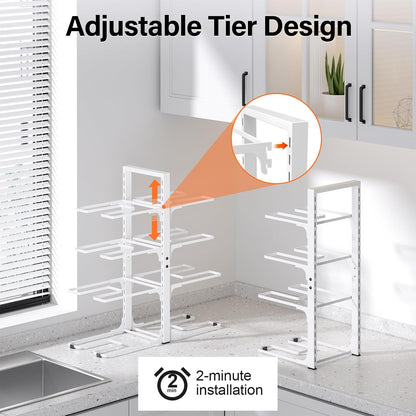 8-Tier Heavy Duty Pots and Pans Organizer under Cabinet, Black | Adjustable 15.83" H pot rack, pan organizer Holds big stockpots, Cast Iron Skillet and cookware for use inside cabinets