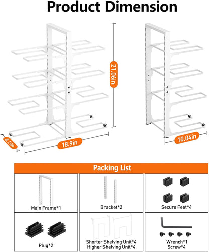 8-Tier Heavy Duty Pots and Pans Organizer under Cabinet, Black | Adjustable 15.83" H pot rack, pan organizer Holds big stockpots, Cast Iron Skillet and cookware for use inside cabinets