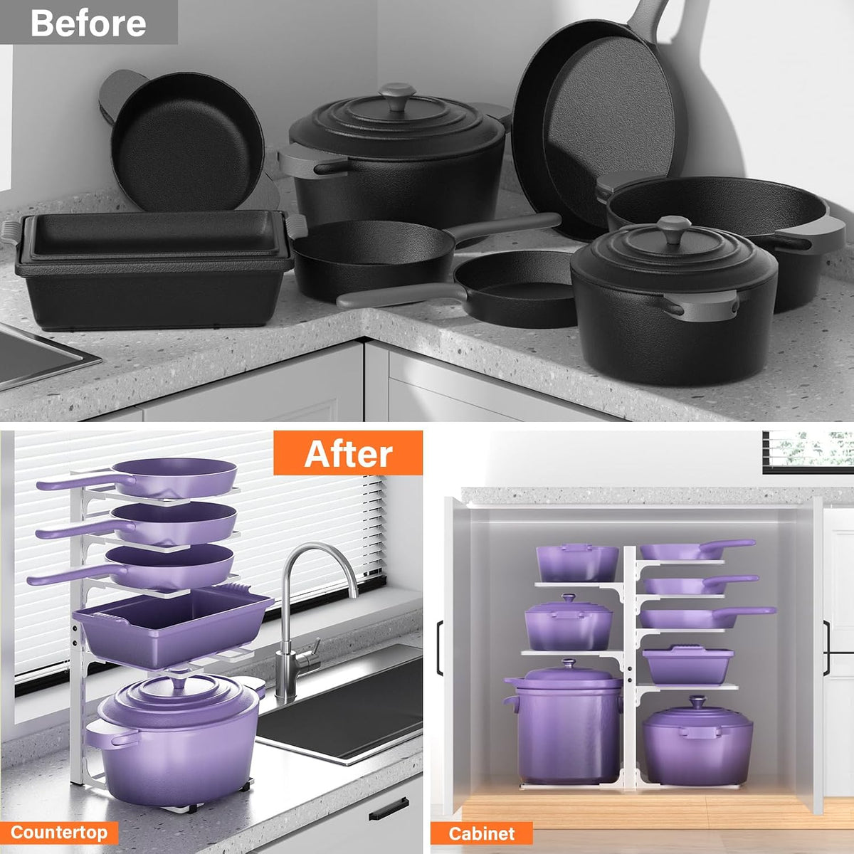 8-Tier Heavy Duty Pots and Pans Organizer under Cabinet, Black | Adjustable 15.83" H pot rack, pan organizer Holds big stockpots, Cast Iron Skillet and cookware for use inside cabinets