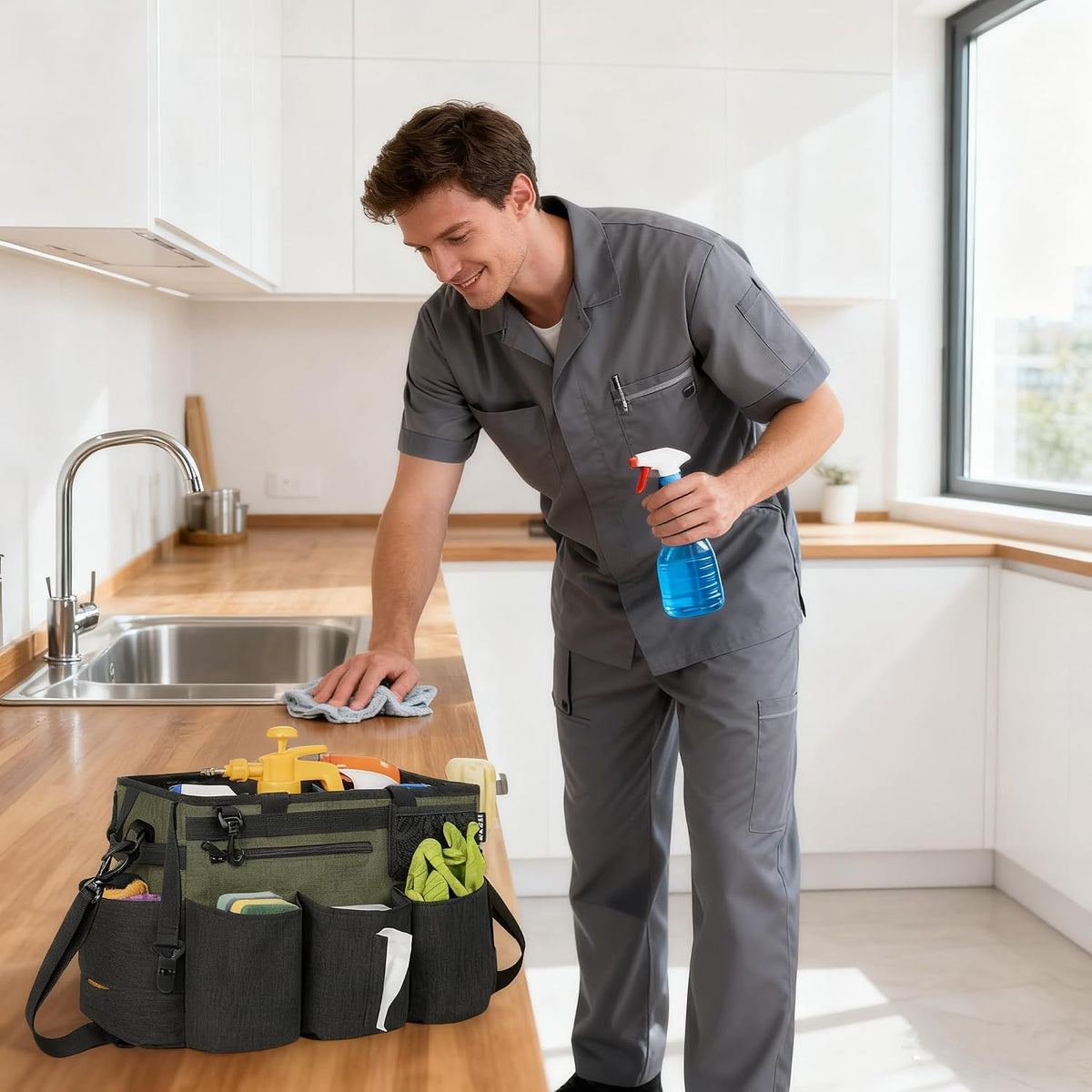 IBVIVIC Wearable Cleaning Caddy Bag for Cleaning Supplies, Black | Cleaning Organizer Tote Bag with Handle & Shoulder Straps Kitchen Cleaning Supplies Storage Bag for Cleaners & Housekeepers