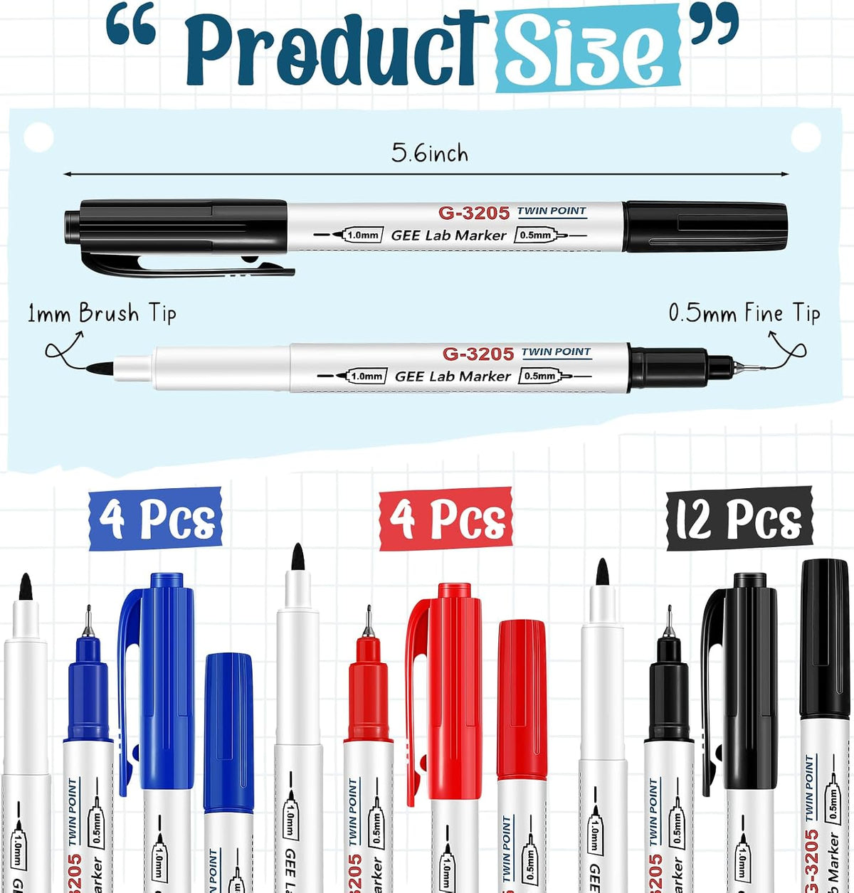 10 Pack Alcohol Resistant Laboratory Markers, Black Dual Head Permanent Freezer Pens with 0.5mm Fine Point and 1.0mm Makers Tip, Designed for Industrial, Lab and Hospital Use