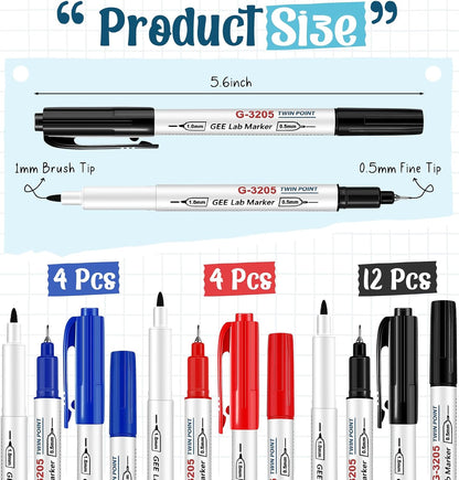 10 Pack Alcohol Resistant Laboratory Markers, Black Dual Head Permanent Freezer Pens with 0.5mm Fine Point and 1.0mm Makers Tip, Designed for Industrial, Lab and Hospital Use