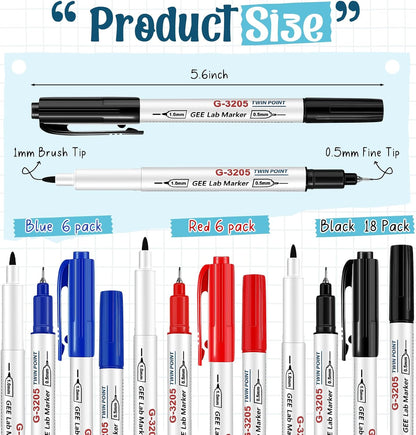 10 Pack Alcohol Resistant Laboratory Markers, Black Dual Head Permanent Freezer Pens with 0.5mm Fine Point and 1.0mm Makers Tip, Designed for Industrial, Lab and Hospital Use