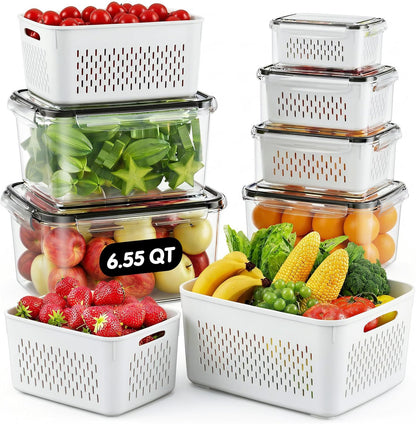 Fruit Storage Containers for Fridge with Removable Colander, 6 Pack | Plastic Produce Saver for Refrigerator, Fruit Organizers Keep Berry Veggie Fresh Longer, Dishwasher Safe, Largest 6.55 Quart
