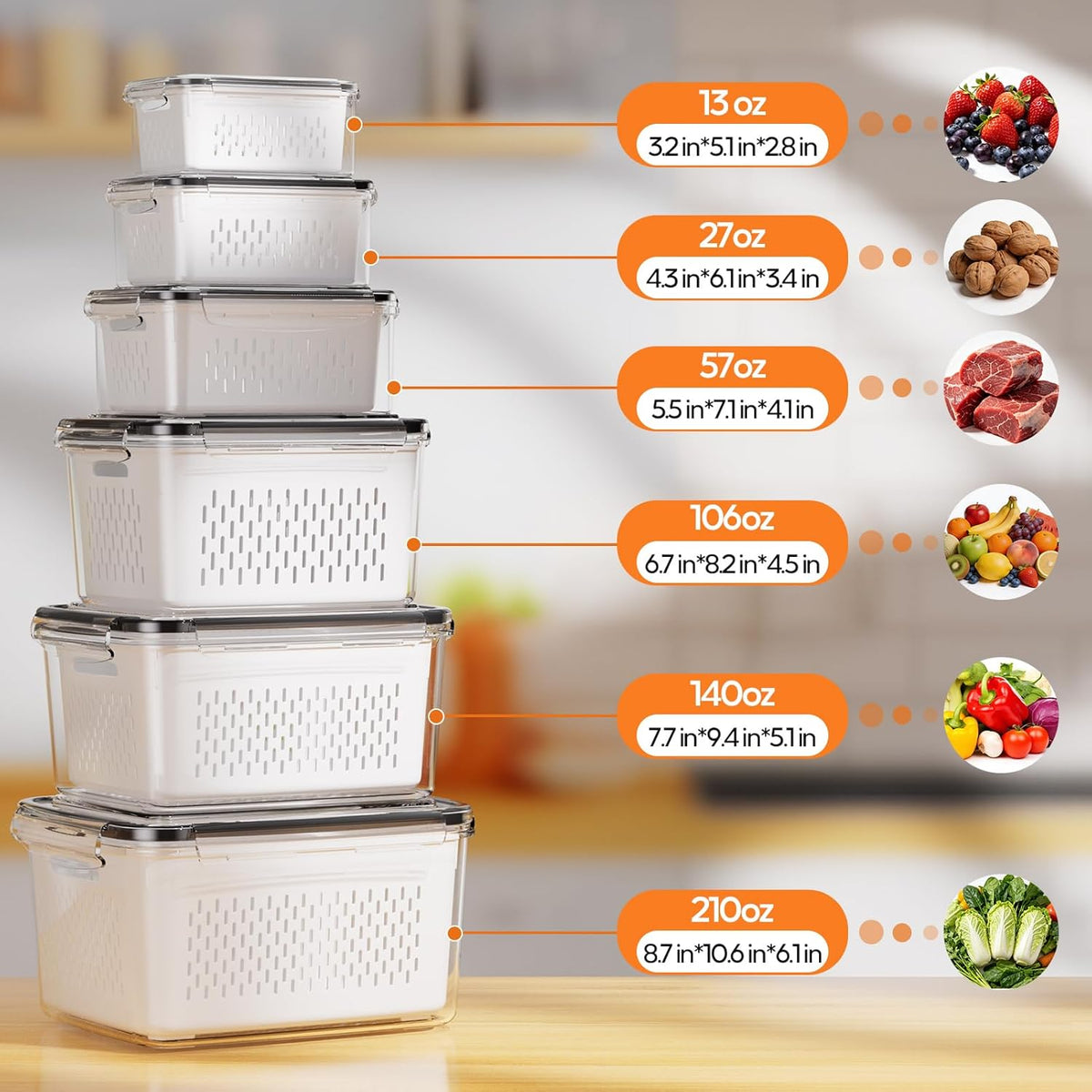 Fruit Storage Containers for Fridge with Removable Colander, 6 Pack | Plastic Produce Saver for Refrigerator, Fruit Organizers Keep Berry Veggie Fresh Longer, Dishwasher Safe, Largest 6.55 Quart