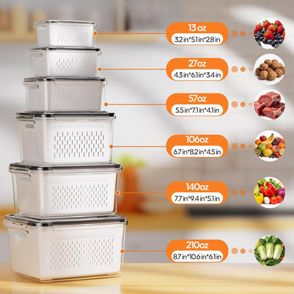 Fruit Storage Containers for Fridge with Removable Colander, 6 Pack | Plastic Produce Saver for Refrigerator, Fruit Organizers Keep Berry Veggie Fresh Longer, Dishwasher Safe, Largest 6.55 Quart
