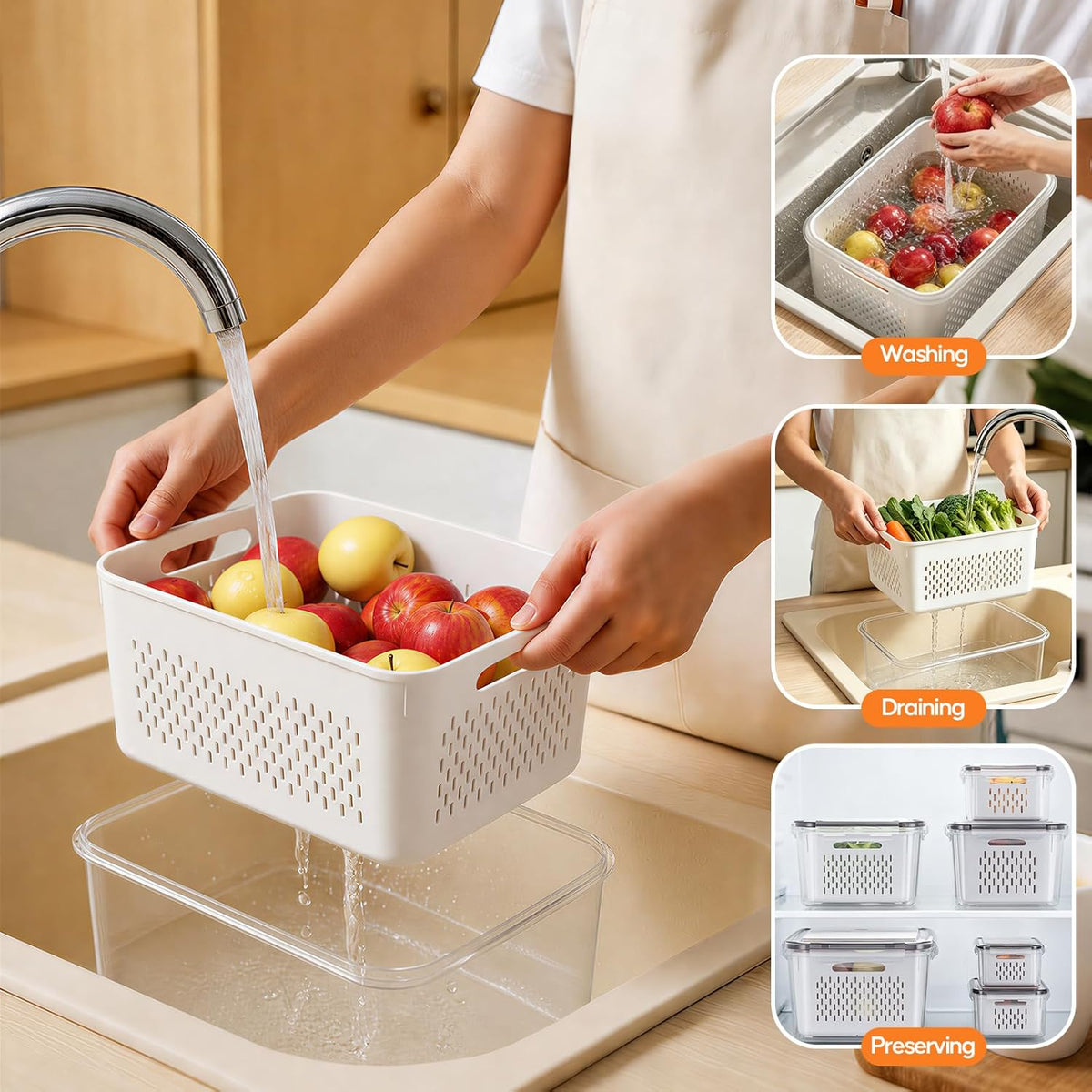 Fruit Storage Containers for Fridge with Removable Colander, 6 Pack | Plastic Produce Saver for Refrigerator, Fruit Organizers Keep Berry Veggie Fresh Longer, Dishwasher Safe, Largest 6.55 Quart