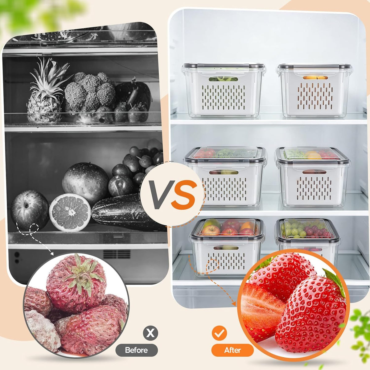 Fruit Storage Containers for Fridge with Removable Colander, 6 Pack | Plastic Produce Saver for Refrigerator, Fruit Organizers Keep Berry Veggie Fresh Longer, Dishwasher Safe, Largest 6.55 Quart