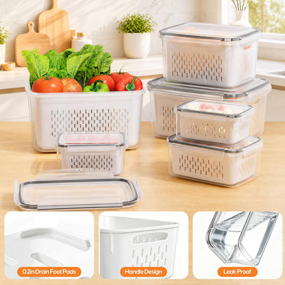 Fruit Storage Containers for Fridge with Removable Colander, 6 Pack | Plastic Produce Saver for Refrigerator, Fruit Organizers Keep Berry Veggie Fresh Longer, Dishwasher Safe, Largest 6.55 Quart