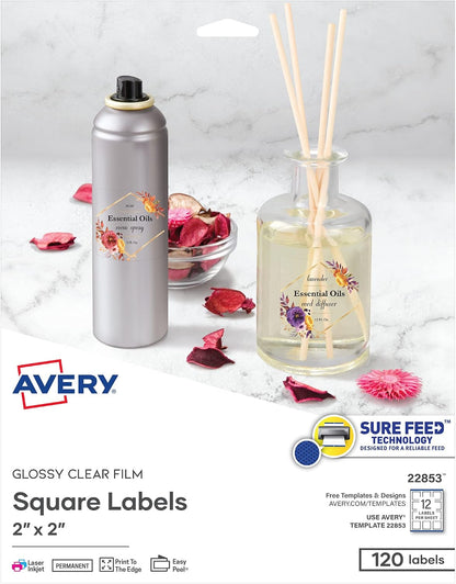 Printable Blank Square Labels, 2" x 2", Glossy Crystal Clear, 120 Customizable Labels (22853)