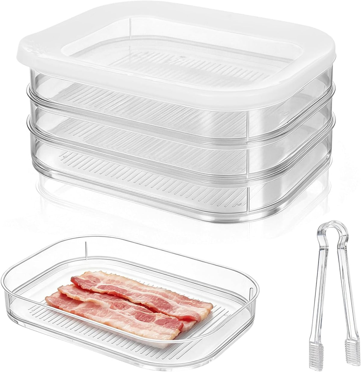 3 Pcs Deli Meat Container for Fridge Bacon Lunch Meat Container with Lid and Tong Stackable Food Storage Boxes Fridge Organizers for Cheese Ham Cold Cuts and Salami