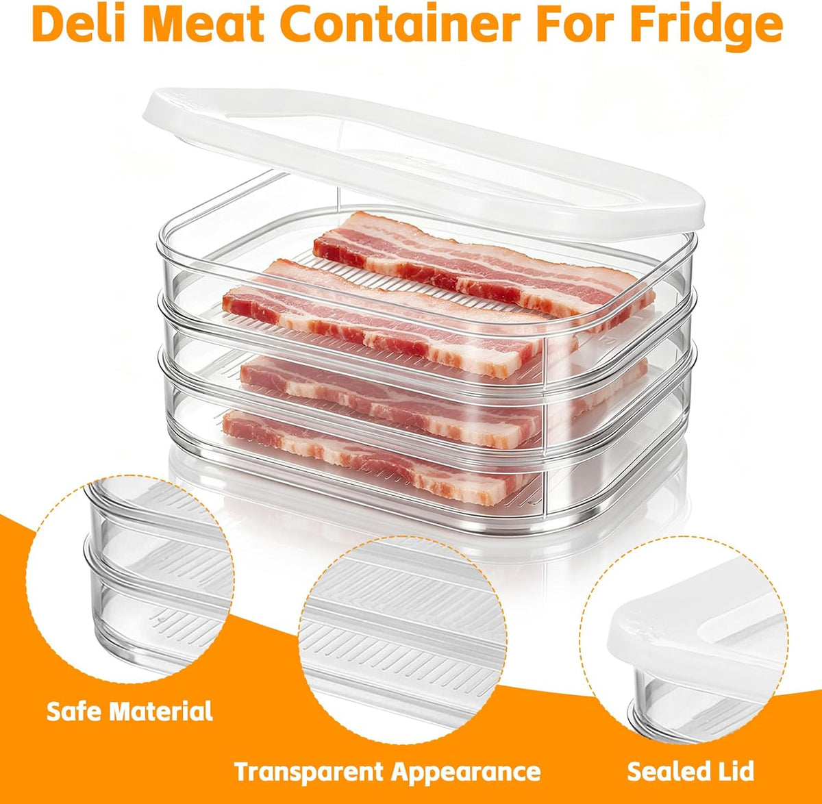 3 Pcs Deli Meat Container for Fridge Bacon Lunch Meat Container with Lid and Tong Stackable Food Storage Boxes Fridge Organizers for Cheese Ham Cold Cuts and Salami