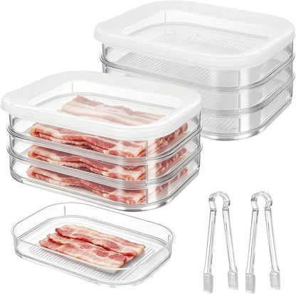 3 Pcs Deli Meat Container for Fridge Bacon Lunch Meat Container with Lid and Tong Stackable Food Storage Boxes Fridge Organizers for Cheese Ham Cold Cuts and Salami