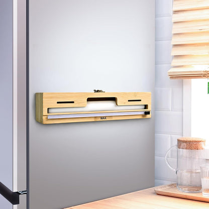 Magnetic Plastic Wrap Dispenser with Cutter, Refrigerator Bamboo Organizer for Tin Foil, Baking Paper, Wax Paper Holder Kitchen Storage Box Compatible