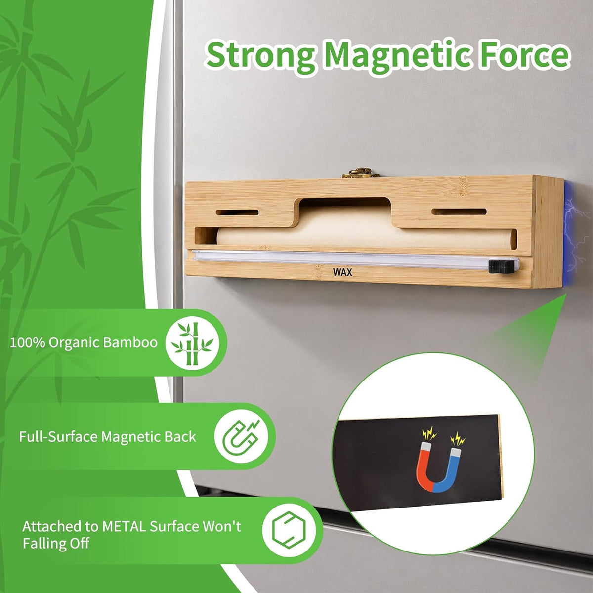 Magnetic Plastic Wrap Dispenser with Cutter, Refrigerator Bamboo Organizer for Tin Foil, Baking Paper, Wax Paper Holder Kitchen Storage Box Compatible