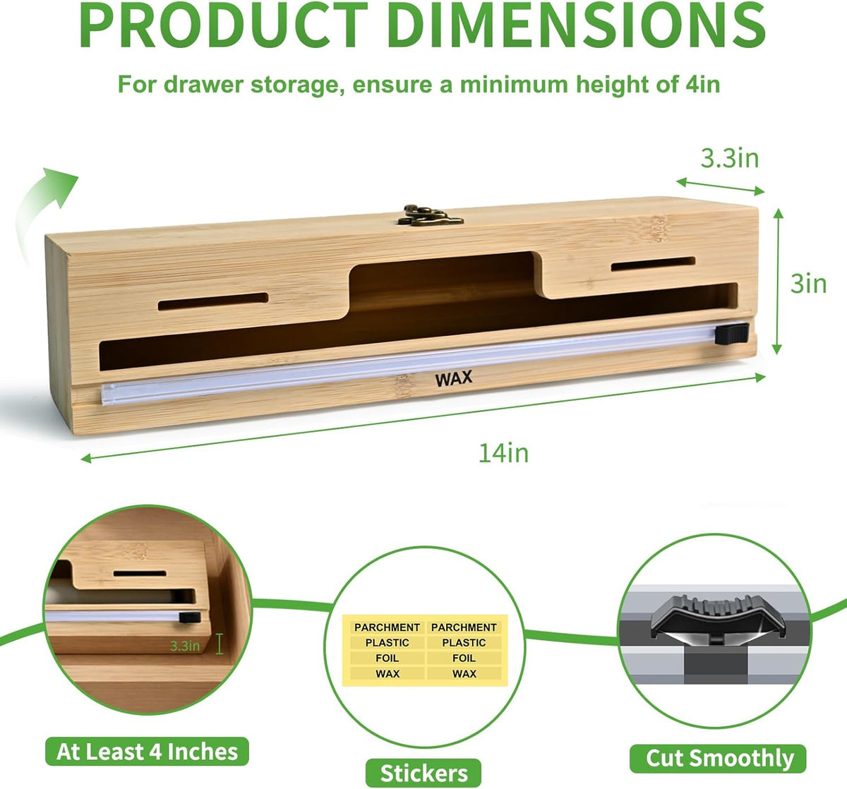 Magnetic Plastic Wrap Dispenser with Cutter, Refrigerator Bamboo Organizer for Tin Foil, Baking Paper, Wax Paper Holder Kitchen Storage Box Compatible