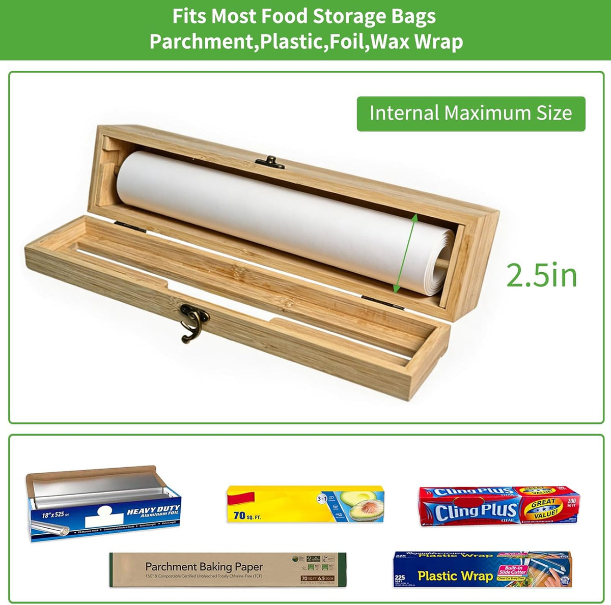Magnetic Plastic Wrap Dispenser with Cutter, Refrigerator Bamboo Organizer for Tin Foil, Baking Paper, Wax Paper Holder Kitchen Storage Box Compatible