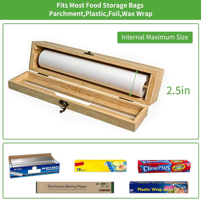 Magnetic Plastic Wrap Dispenser with Cutter, Refrigerator Bamboo Organizer for Tin Foil, Baking Paper, Wax Paper Holder Kitchen Storage Box Compatible