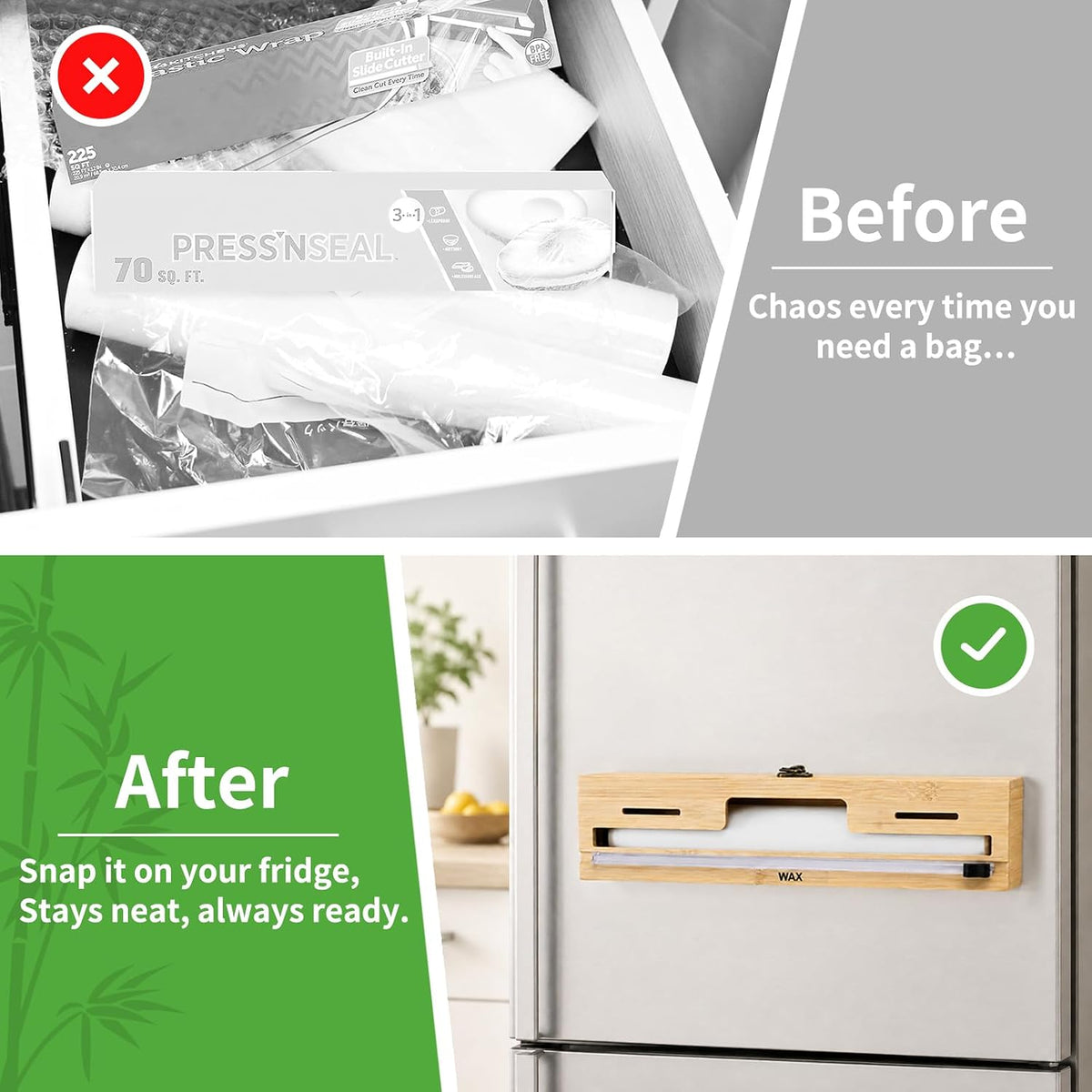 Magnetic Plastic Wrap Dispenser with Cutter, Refrigerator Bamboo Organizer for Tin Foil, Baking Paper, Wax Paper Holder Kitchen Storage Box Compatible