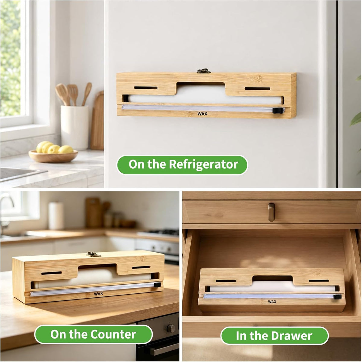 Magnetic Plastic Wrap Dispenser with Cutter, Refrigerator Bamboo Organizer for Tin Foil, Baking Paper, Wax Paper Holder Kitchen Storage Box Compatible