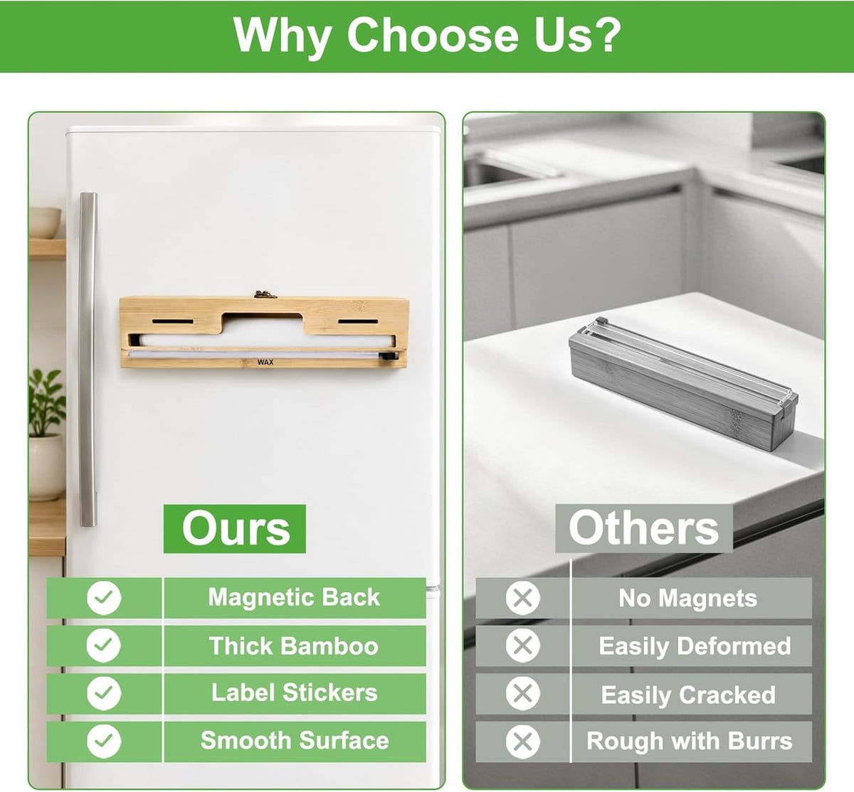 Magnetic Plastic Wrap Dispenser with Cutter, Refrigerator Bamboo Organizer for Tin Foil, Baking Paper, Wax Paper Holder Kitchen Storage Box Compatible