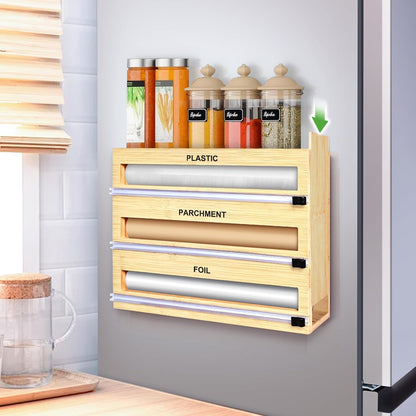 Magnetic Plastic Wrap Dispenser with Cutter, Refrigerator Bamboo Organizer for Tin Foil, Baking Paper, Wax Paper Holder Kitchen Storage Box Compatible