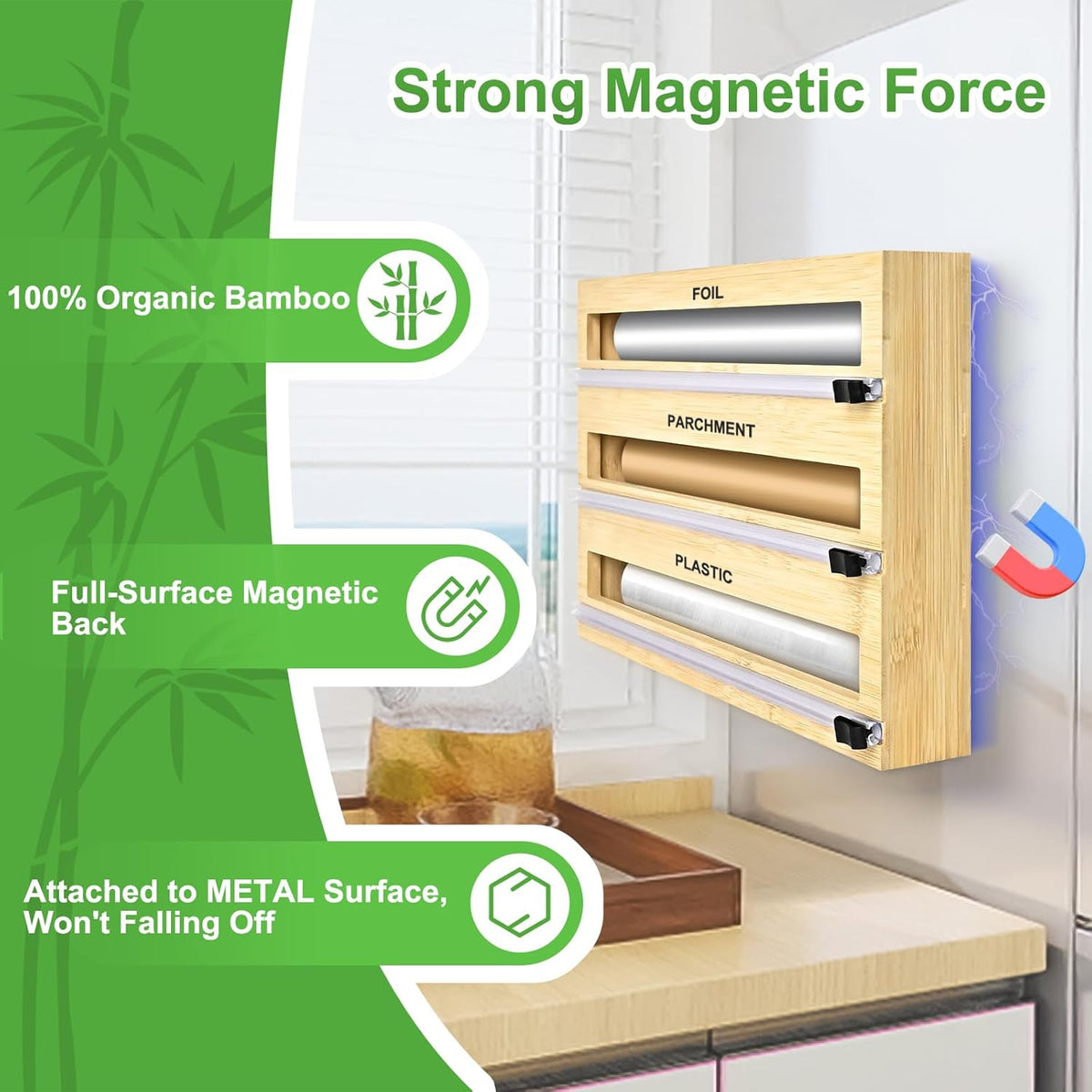 Magnetic Plastic Wrap Dispenser with Cutter, Refrigerator Bamboo Organizer for Tin Foil, Baking Paper, Wax Paper Holder Kitchen Storage Box Compatible