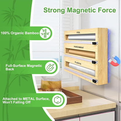 Magnetic Plastic Wrap Dispenser with Cutter, Refrigerator Bamboo Organizer for Tin Foil, Baking Paper, Wax Paper Holder Kitchen Storage Box Compatible