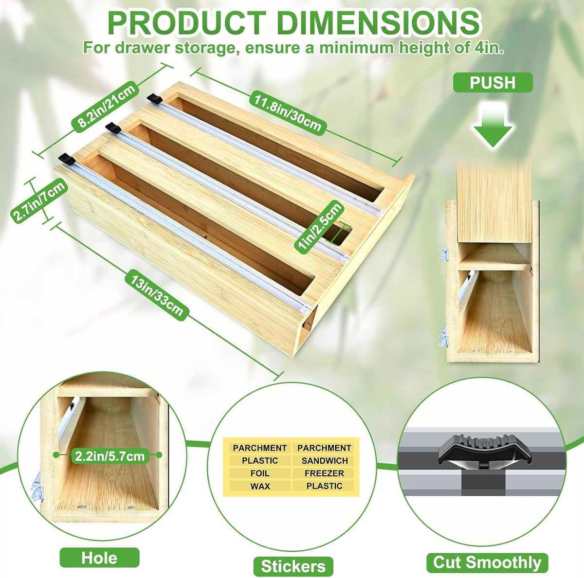 Magnetic Plastic Wrap Dispenser with Cutter, Refrigerator Bamboo Organizer for Tin Foil, Baking Paper, Wax Paper Holder Kitchen Storage Box Compatible