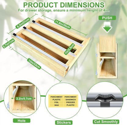 Magnetic Plastic Wrap Dispenser with Cutter, Refrigerator Bamboo Organizer for Tin Foil, Baking Paper, Wax Paper Holder Kitchen Storage Box Compatible