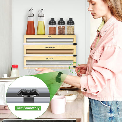 Magnetic Plastic Wrap Dispenser with Cutter, Refrigerator Bamboo Organizer for Tin Foil, Baking Paper, Wax Paper Holder Kitchen Storage Box Compatible